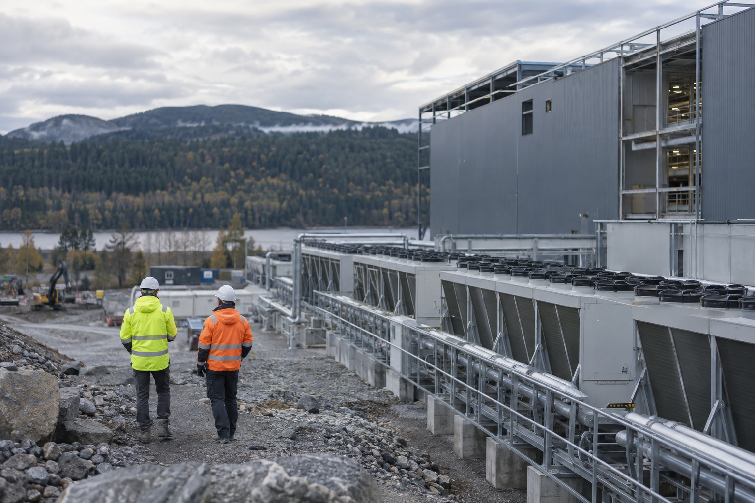Workers inspect cooling equipment beside an AI data centre under construction in rural Norway.