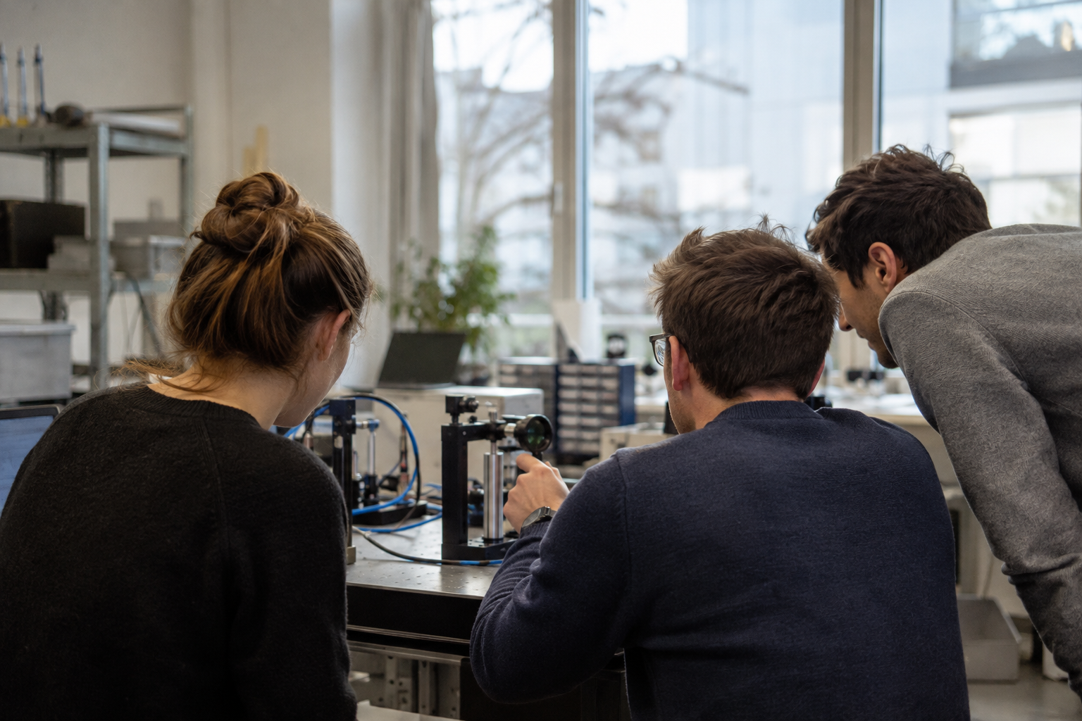 University venture researchers and commercial partners examine an optical sensor prototype in a Munich workshop.