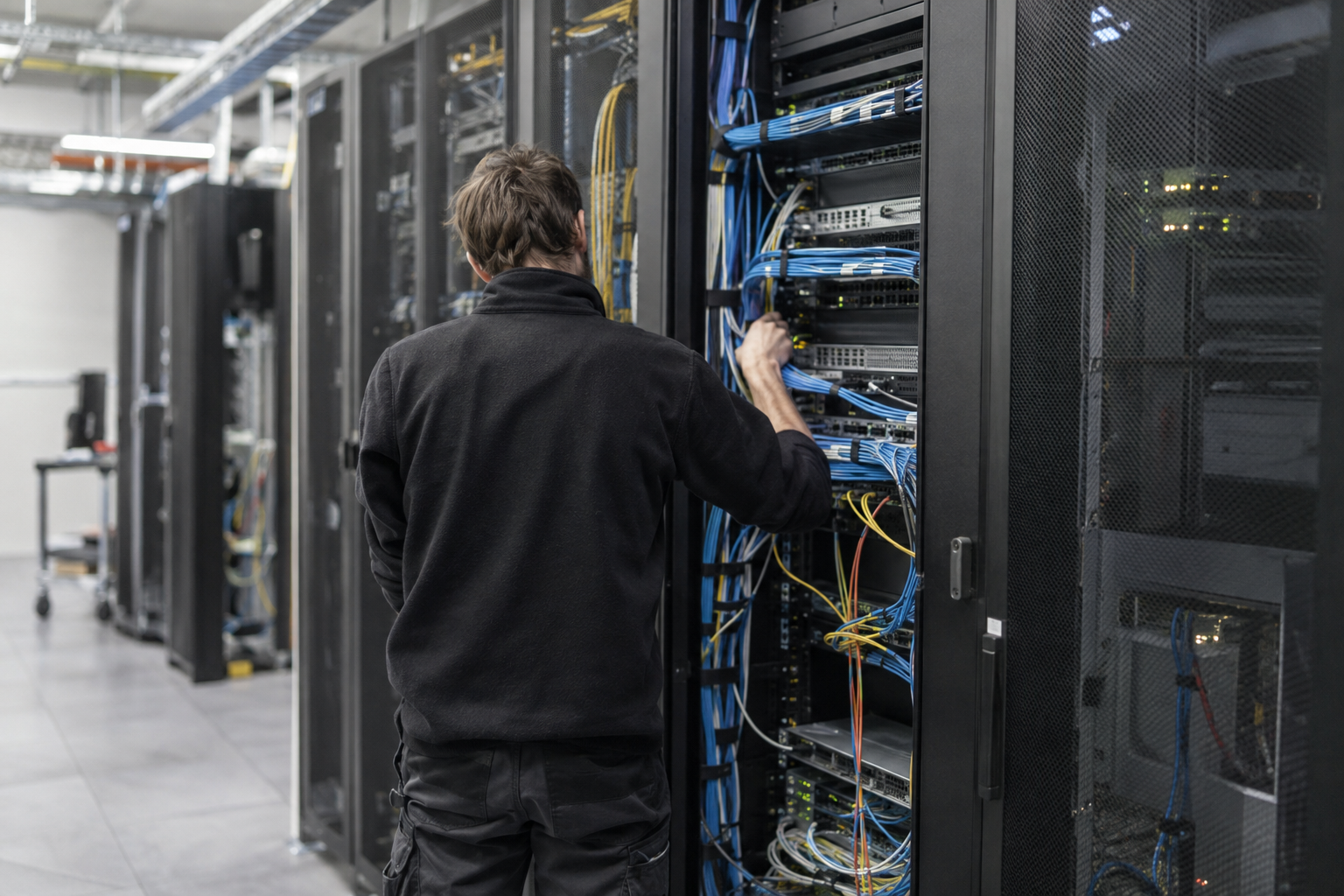 A cloud infrastructure engineer checks cabling beside server racks in a data centre near Paris, France.