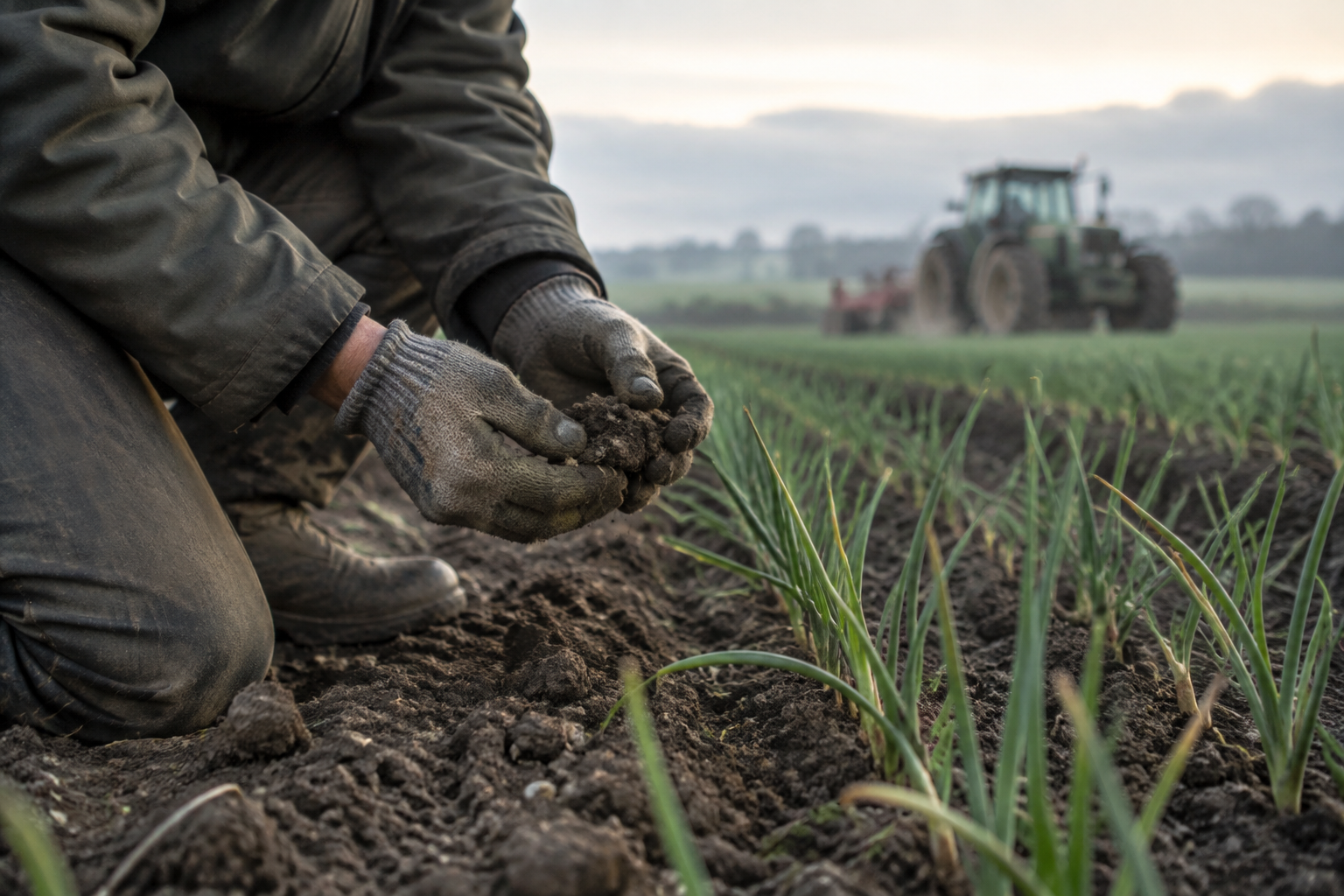 Gloved hands examine compacted soil beside young onion rows on a UK farm, with a tractor in the distance.