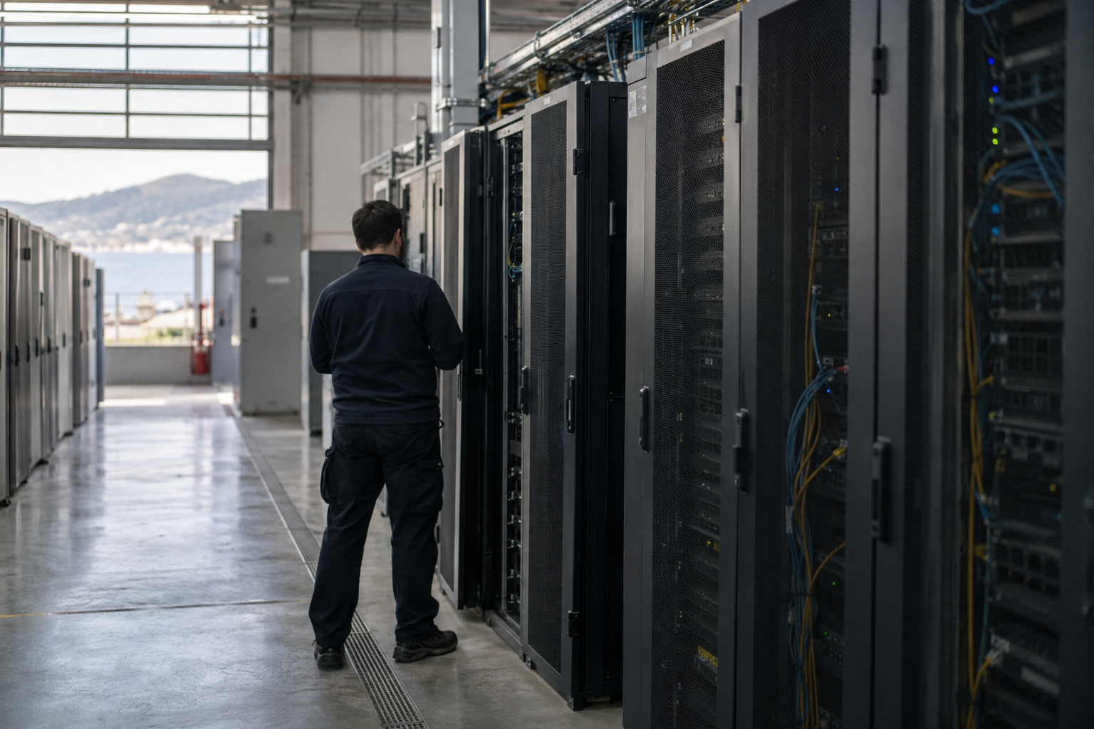 An anonymous technician inspects server cabinets in a computing facility near Athens, Greece.