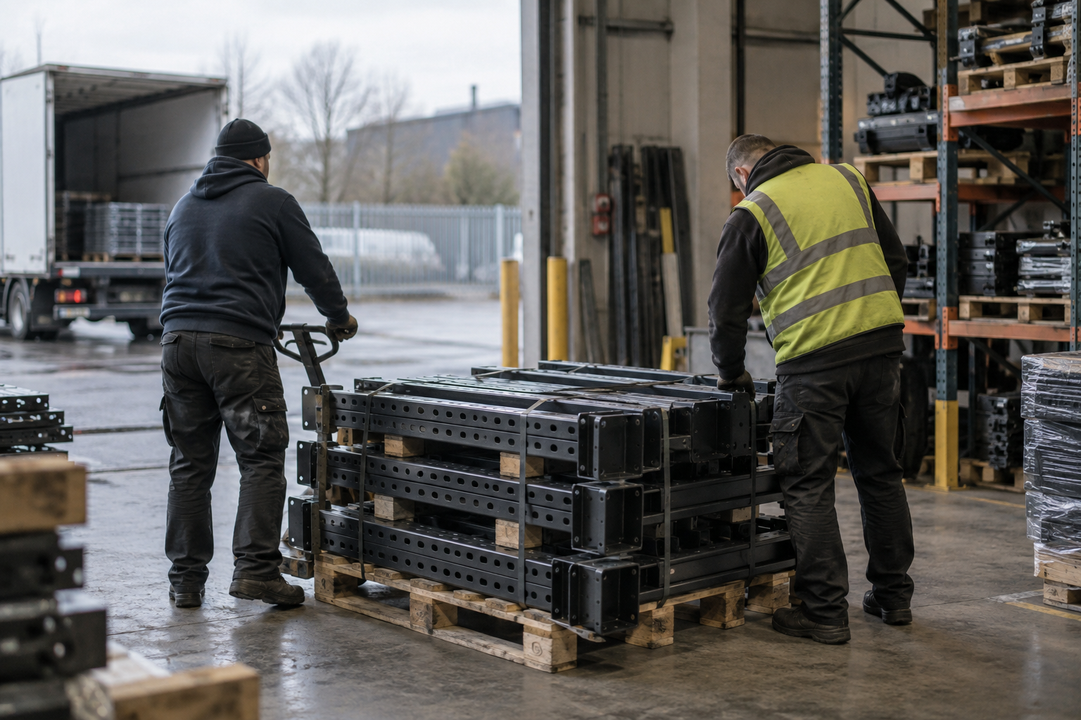 Workers prepare pallets of gym equipment for dispatch inside a warehouse in Newtownabbey, Northern Ireland.