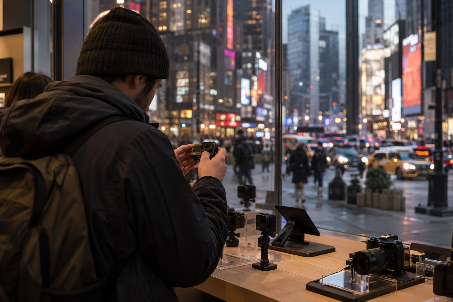 An anonymous customer handles an action camera at a demonstration counter in a New York camera shop.