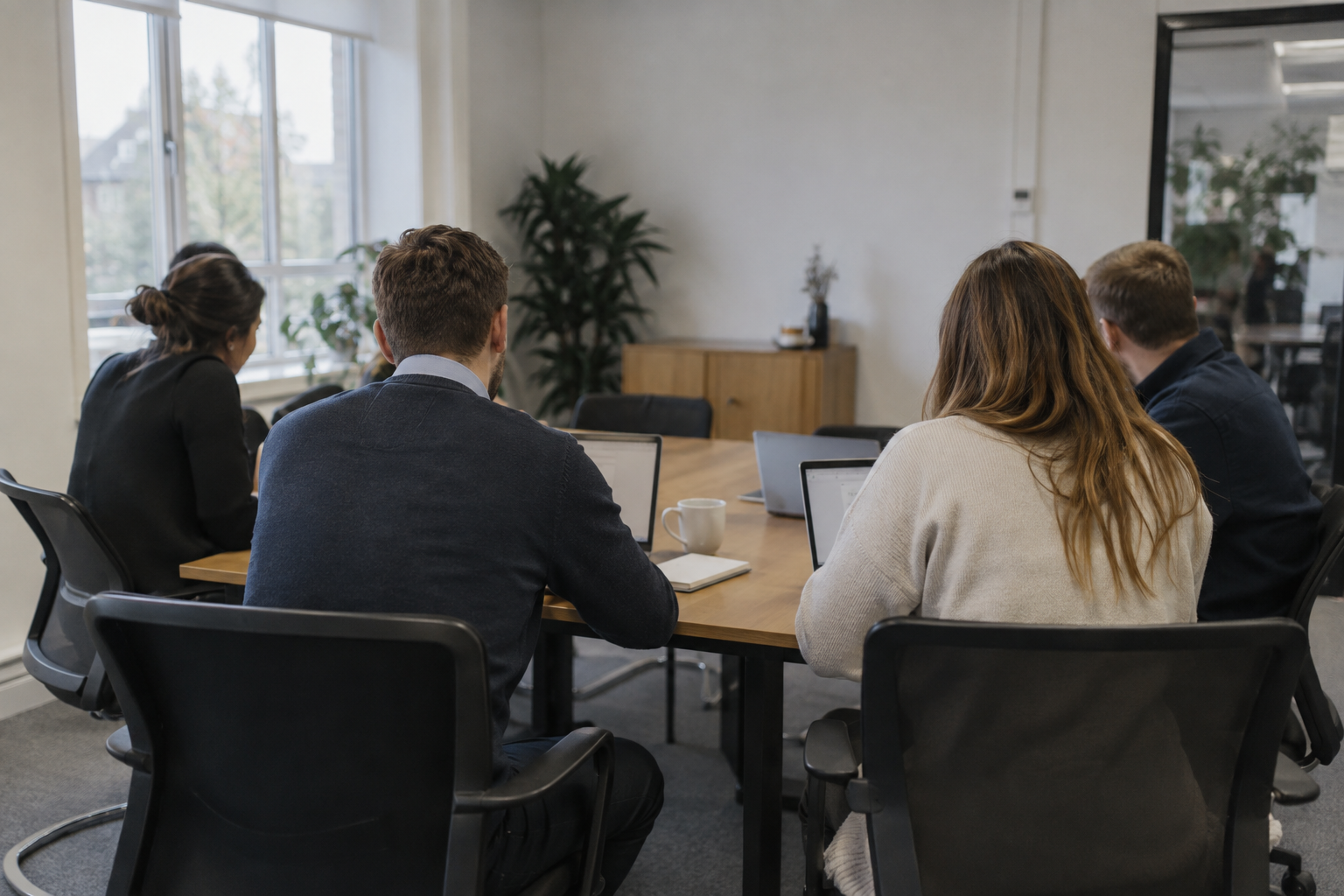 Anonymous market-entry advisers working around a table with laptops in an office in Wantage, Oxfordshire.