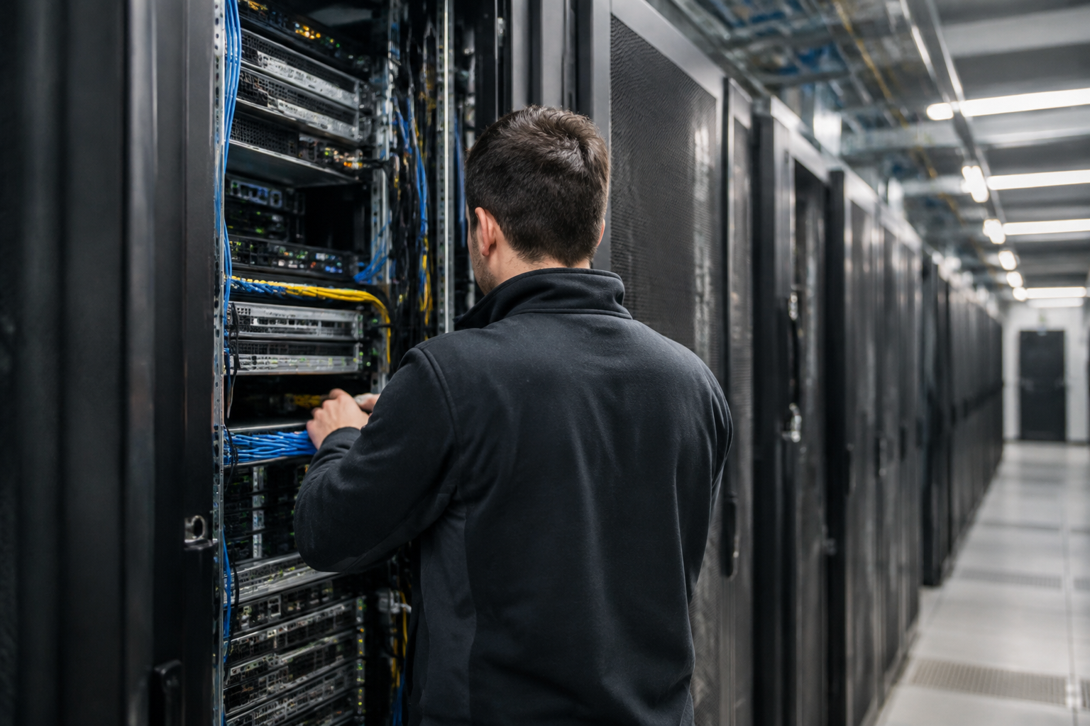 A technician checks server equipment in a London data centre supporting AI infrastructure.